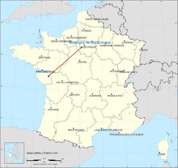 Distance Les Herbiers Saint-Quentin-en-Yvelines sur la carte de France