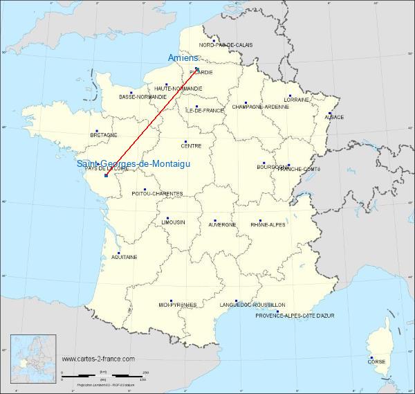 Distance Montaigu - Saint-Georges Amiens sur la carte de France
