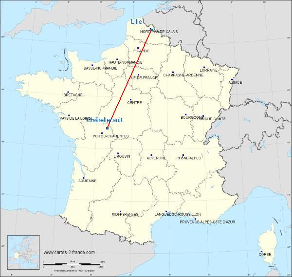 Distance Châtellerault Lille sur la carte de France