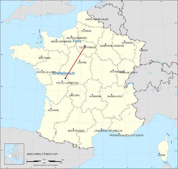 Distance Châtellerault Paris sur la carte de France