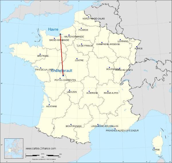 Distance Châtellerault Le Havre sur la carte de France