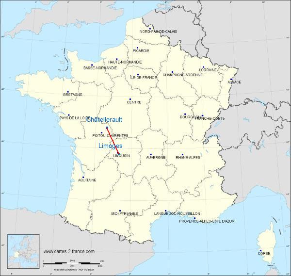 Distance Châtellerault Limoges sur la carte de France