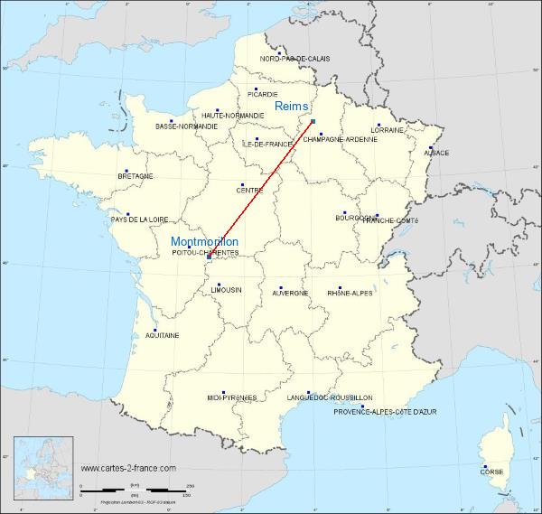 Distance Montmorillon Reims sur la carte de France