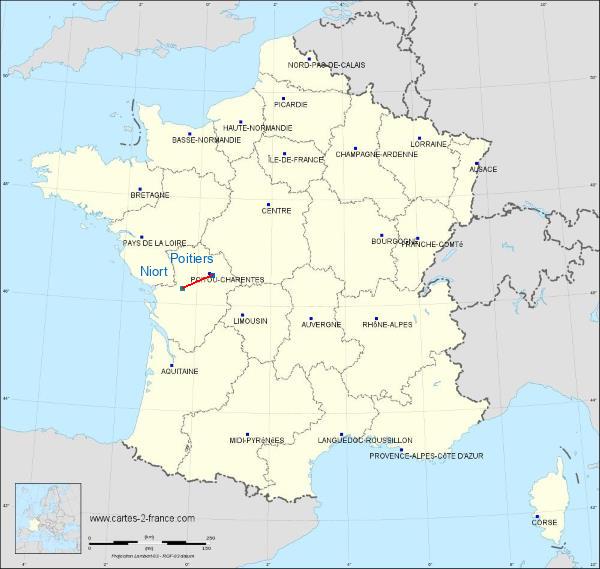 Distance Poitiers Niort-Souché sur la carte de France