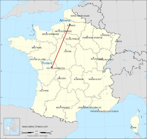 Distance Poitiers Amiens sur la carte de France