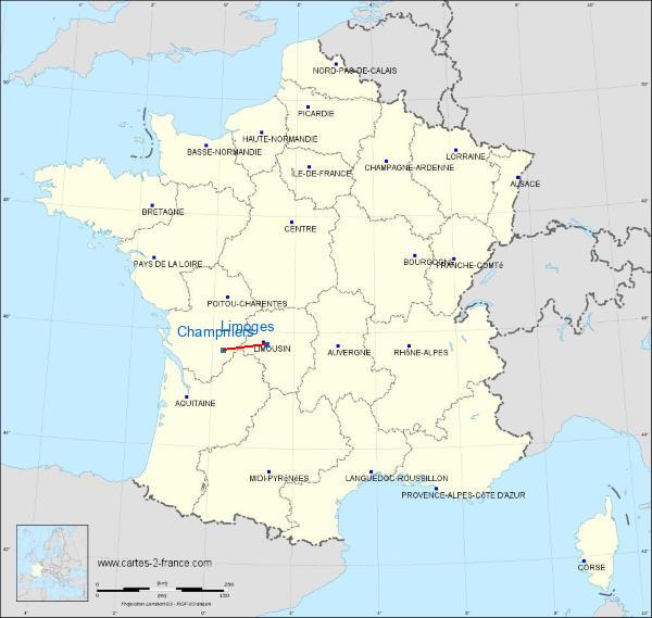 Distance Limoges Angoulême – Cognac International Airport sur la carte de France