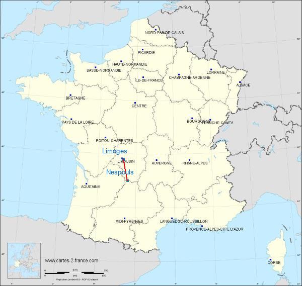 Distance Limoges Brive–Souillac Airport sur la carte de France