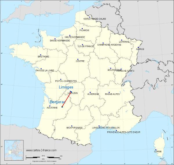 Distance Limoges Bergerac sur la carte de France
