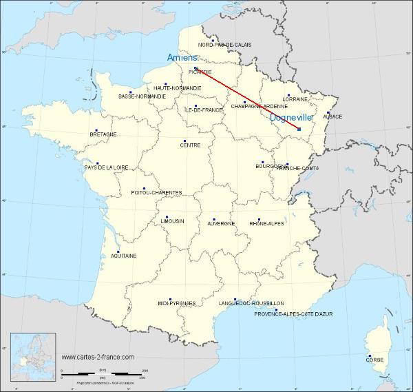Distance Epinal-Dogneville Amiens sur la carte de France