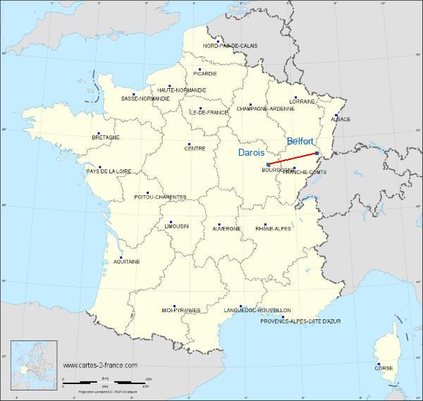 Distance Belfort Dijon-Darois sur la carte de France