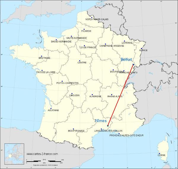 Distance Belfort Nîmes sur la carte de France