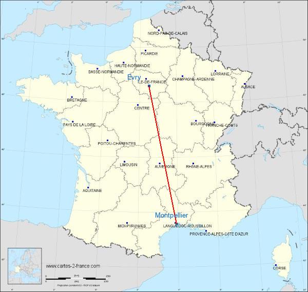 Distance Évry Montpellier sur la carte de France