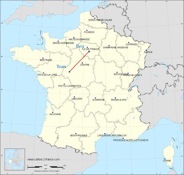 Distance Évry Tours sur la carte de France