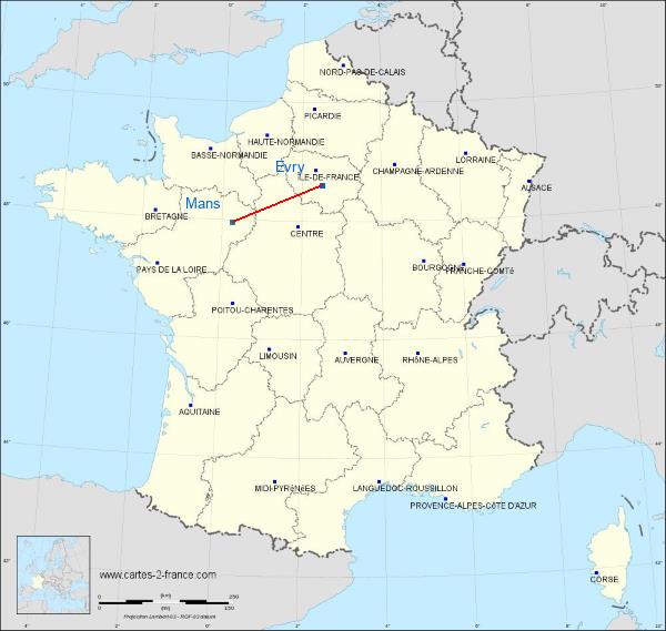 Distance Évry Le Mans sur la carte de France