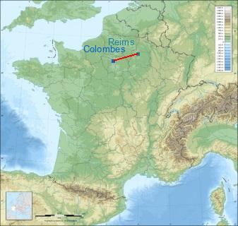 Distance entre de Colombes et Reims sur la carte de France