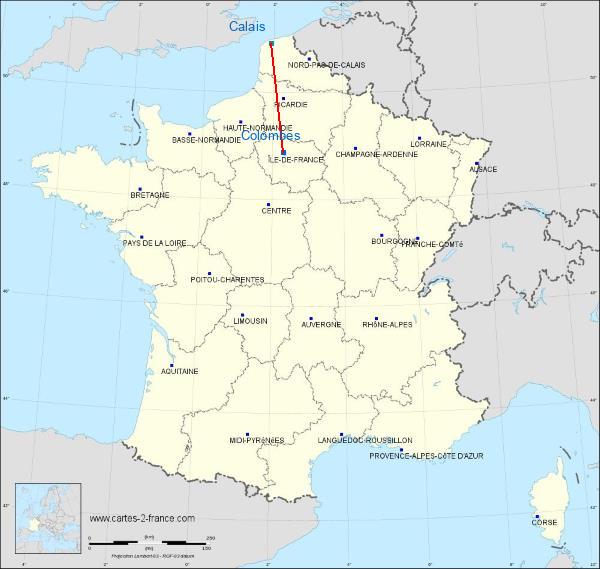 Distance Colombes Calais sur la carte de France