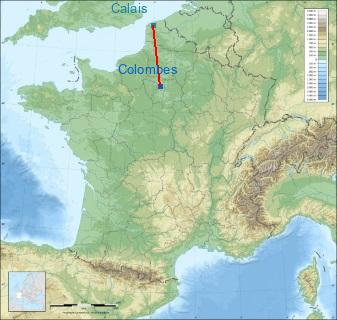 Distance entre de Colombes et Calais sur la carte de France