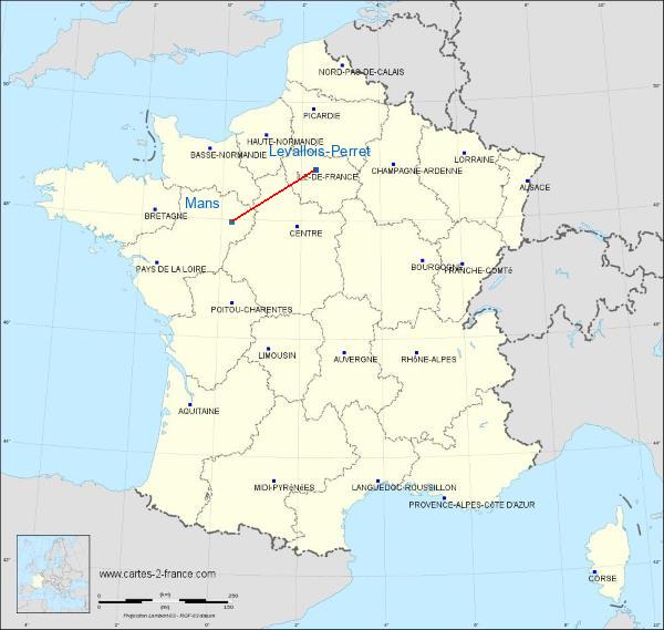 Distance Levallois-Perret Le Mans sur la carte de France