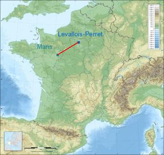 Distance entre de Levallois-Perret et Le Mans sur la carte de France