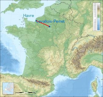 Distance entre de Levallois-Perret et Le Havre sur la carte de France