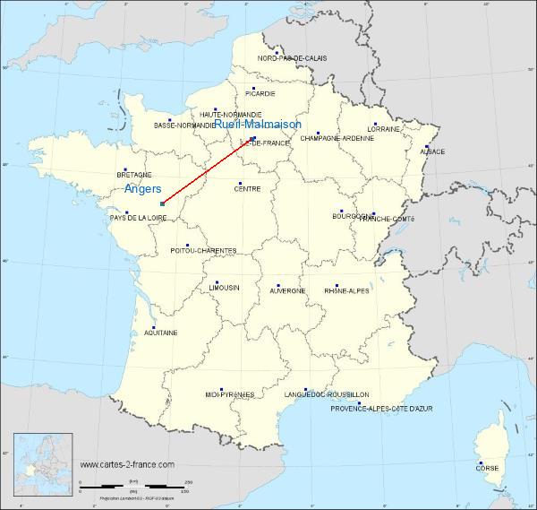 Distance Rueil-Malmaison Angers sur la carte de France