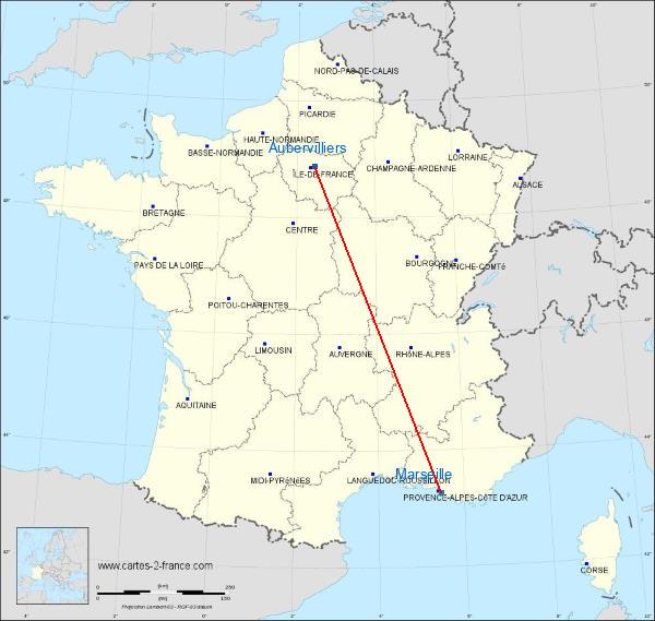 Distance Aubervilliers Marseille 15 sur la carte de France