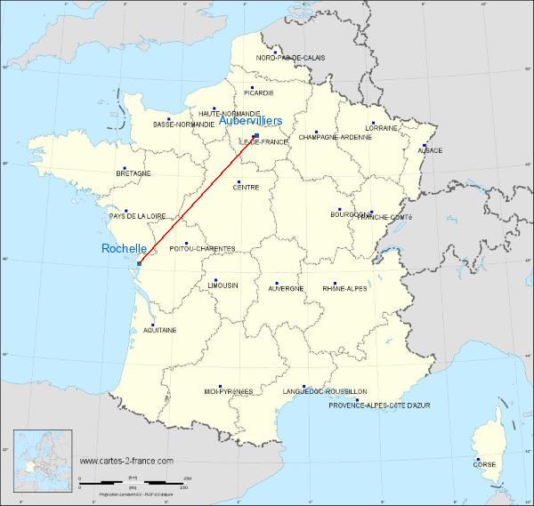 Distance Aubervilliers La Rochelle sur la carte de France