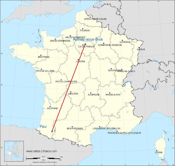 Distance Aulnay-sous-Bois Pau sur la carte de France