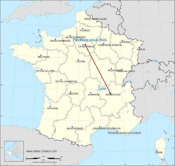Distance Les Pavillons-sous-Bois Lyon sur la carte de France