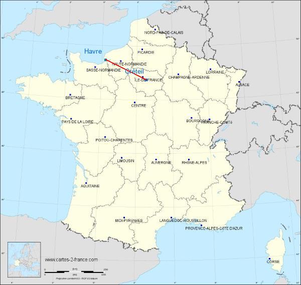 Distance Créteil Le Havre sur la carte de France