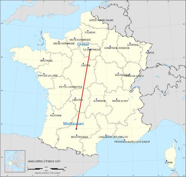 Distance Créteil Montauban sur la carte de France