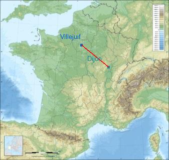 Distance entre de Villejuif et Dijon sur la carte de France