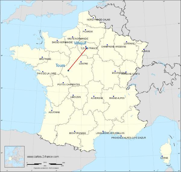 Distance Villejuif Tours sur la carte de France