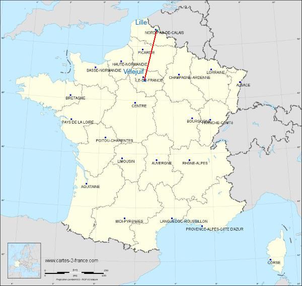 Distance Villejuif Lille sur la carte de France