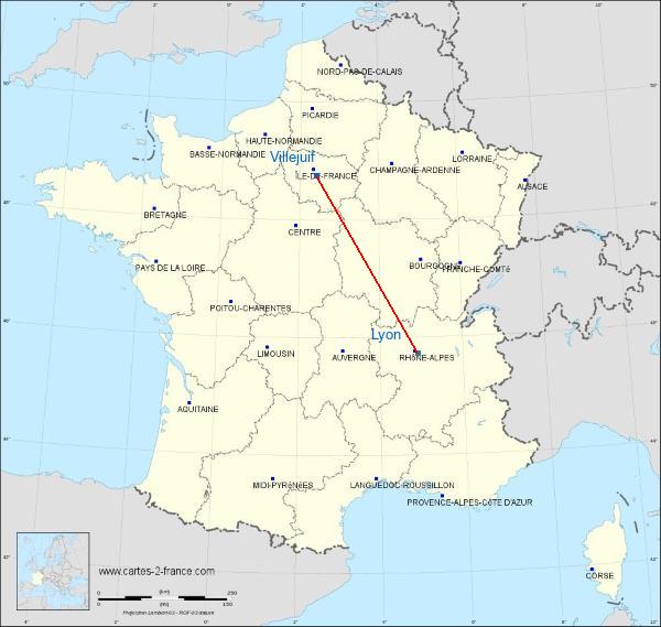 Distance Villejuif Lyon sur la carte de France