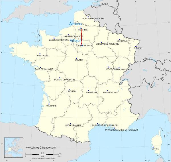 Distance Villejuif Amiens sur la carte de France