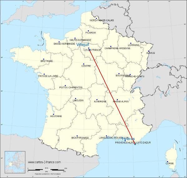 Distance Villejuif Hyères sur la carte de France