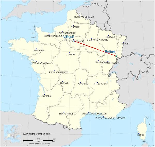 Distance Villejuif Belfort sur la carte de France