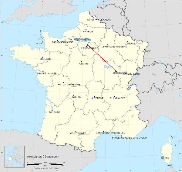 Distance Sarcelles Dijon sur la carte de France